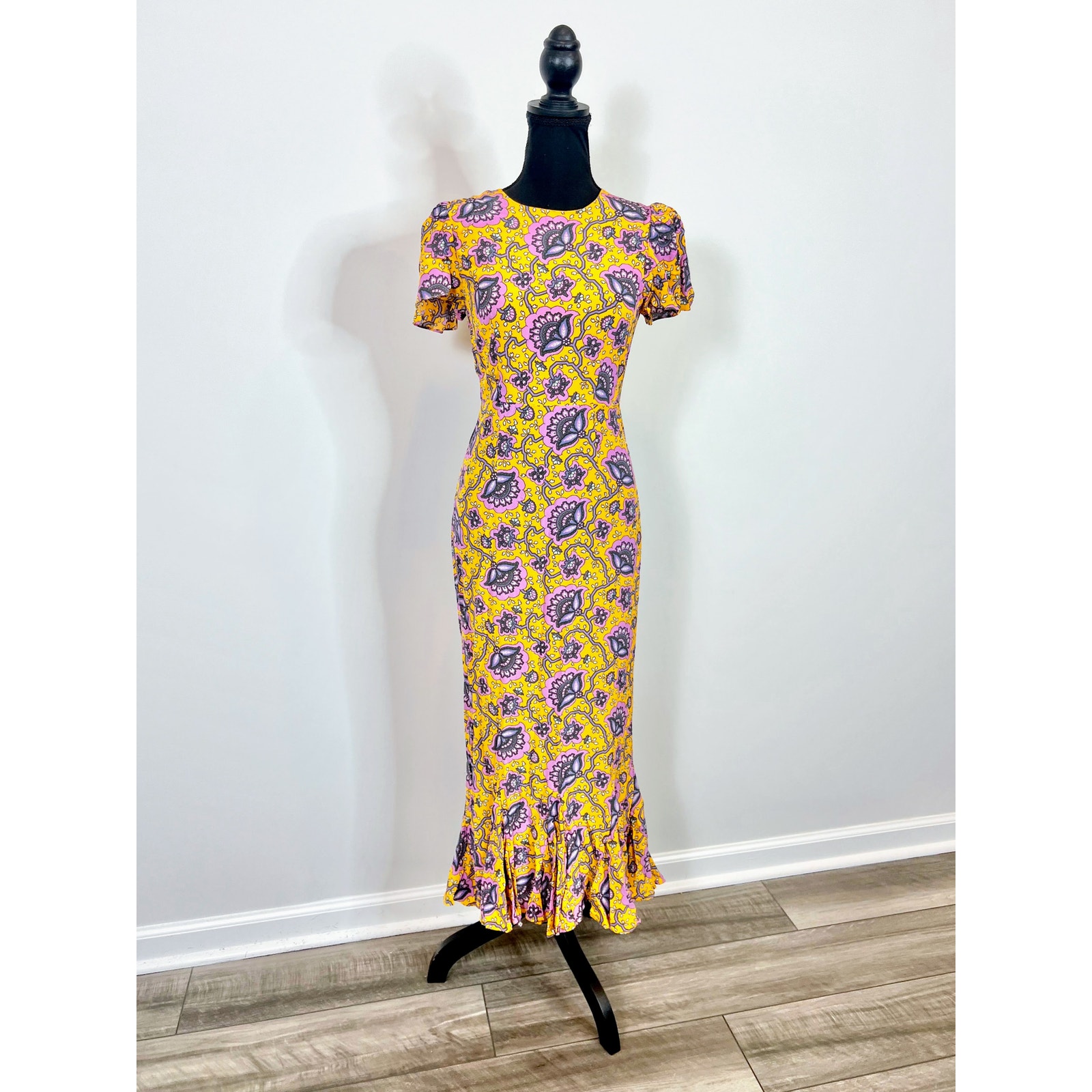 Rhode Lulani Midi Dress In Gold Lotus Printed Size 0 Floral Fluted Hem Lined